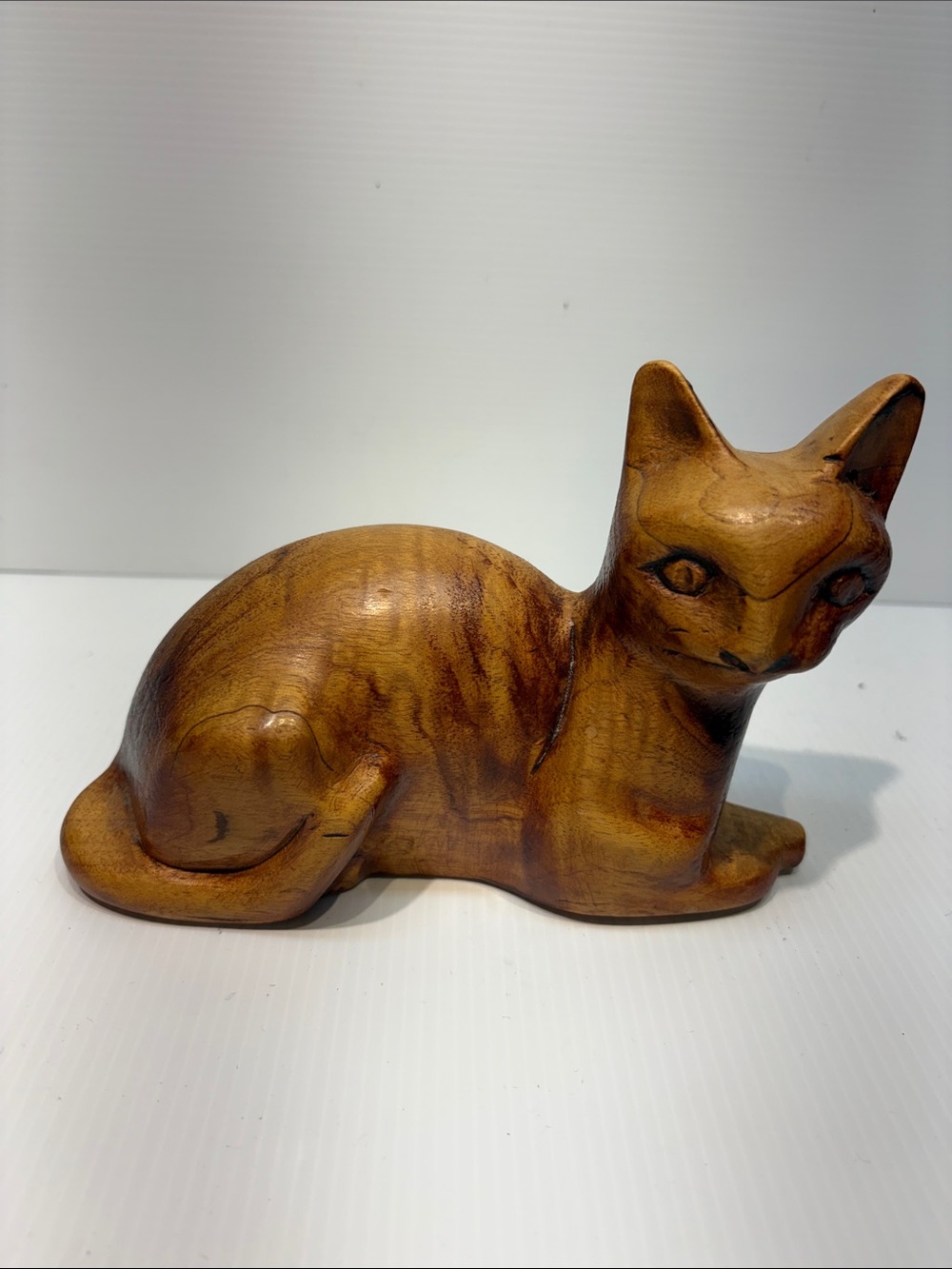Hand Crafted Warm Brown Wooden Cat Sculpture - Made in Cuba